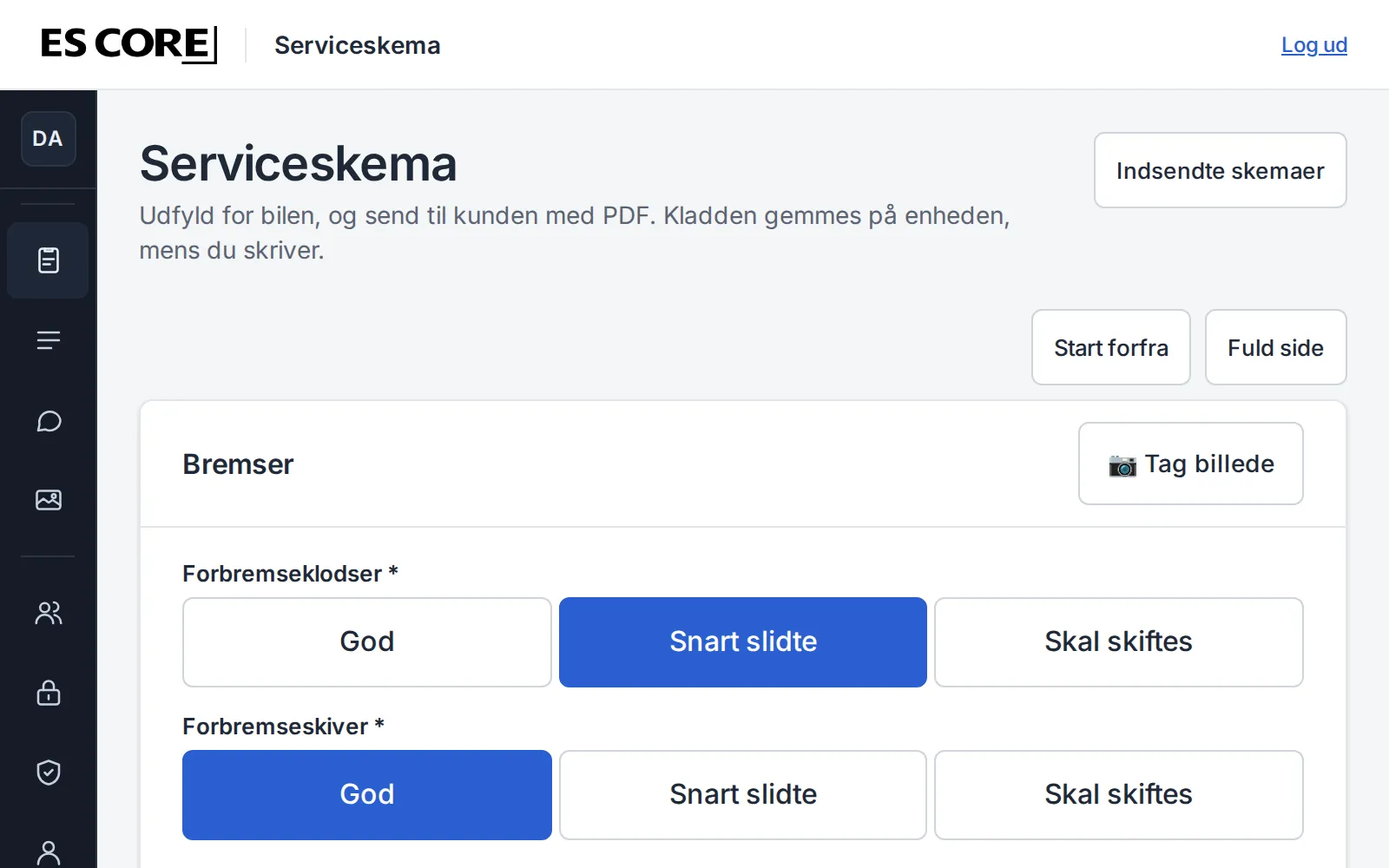 Bremsetrinnet i serviceskemaet: Forbremseklodser er sat til Snart slidte.
